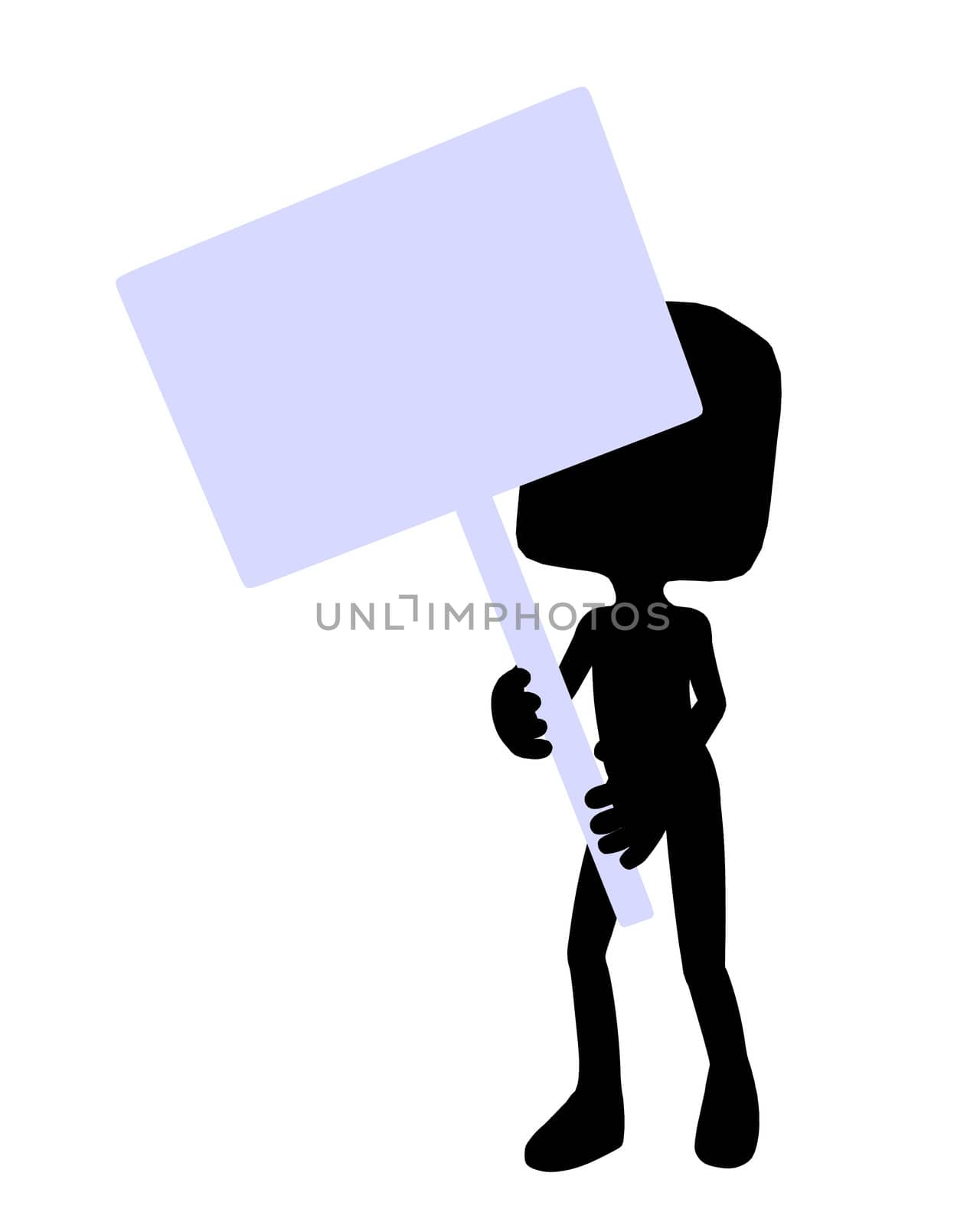 Cute black silhouette guy holding a blank sign on a white background
