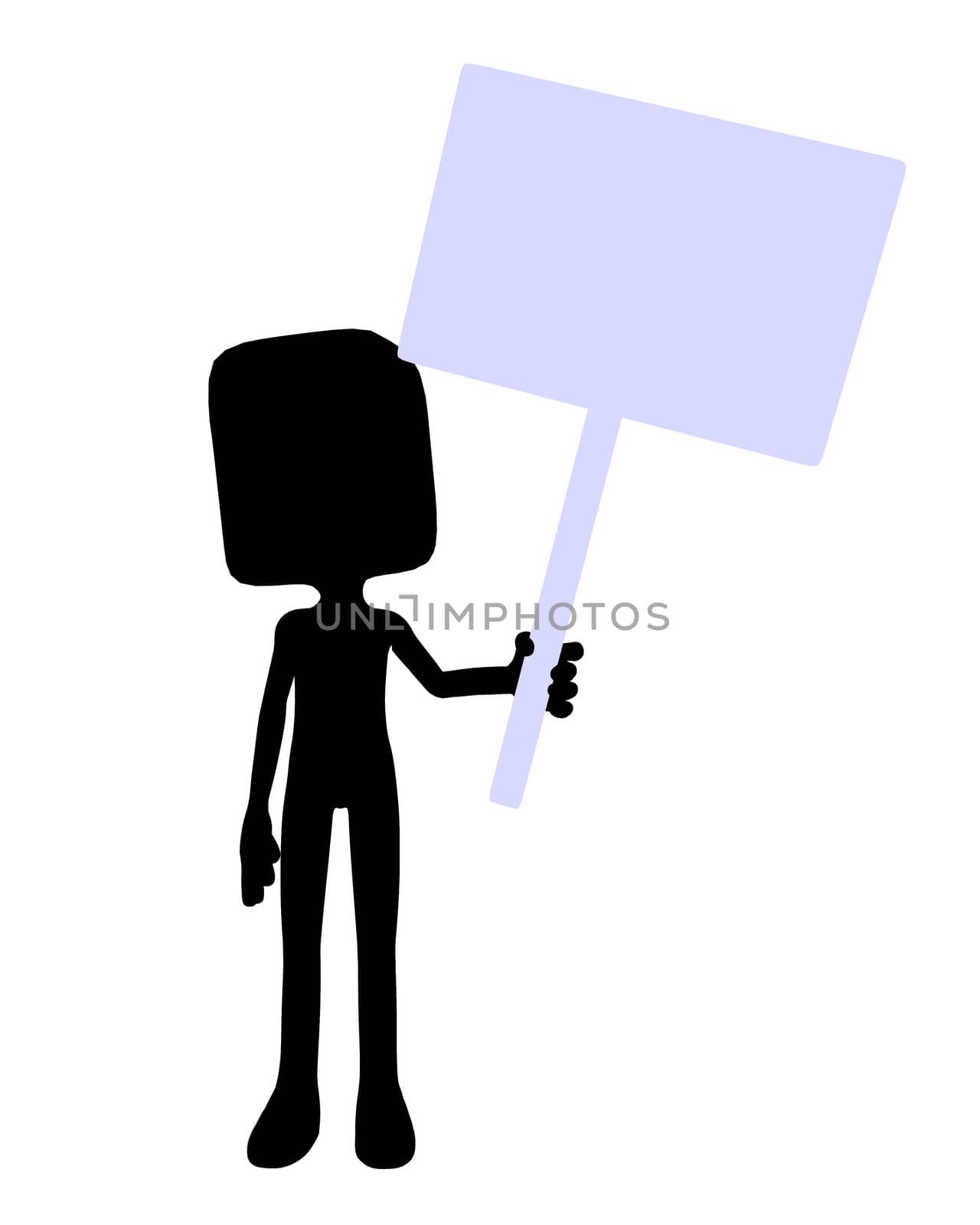 Cute black silhouette guy holding a blank sign on a white background
