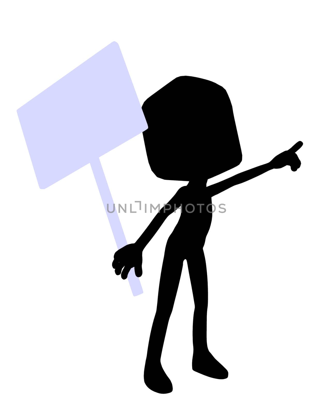 Cute black silhouette guy holding a blank sign on a white background
