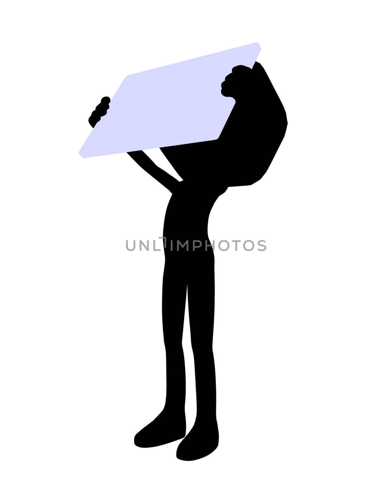 Cute black silhouette guy holding a blank business card on a white background
