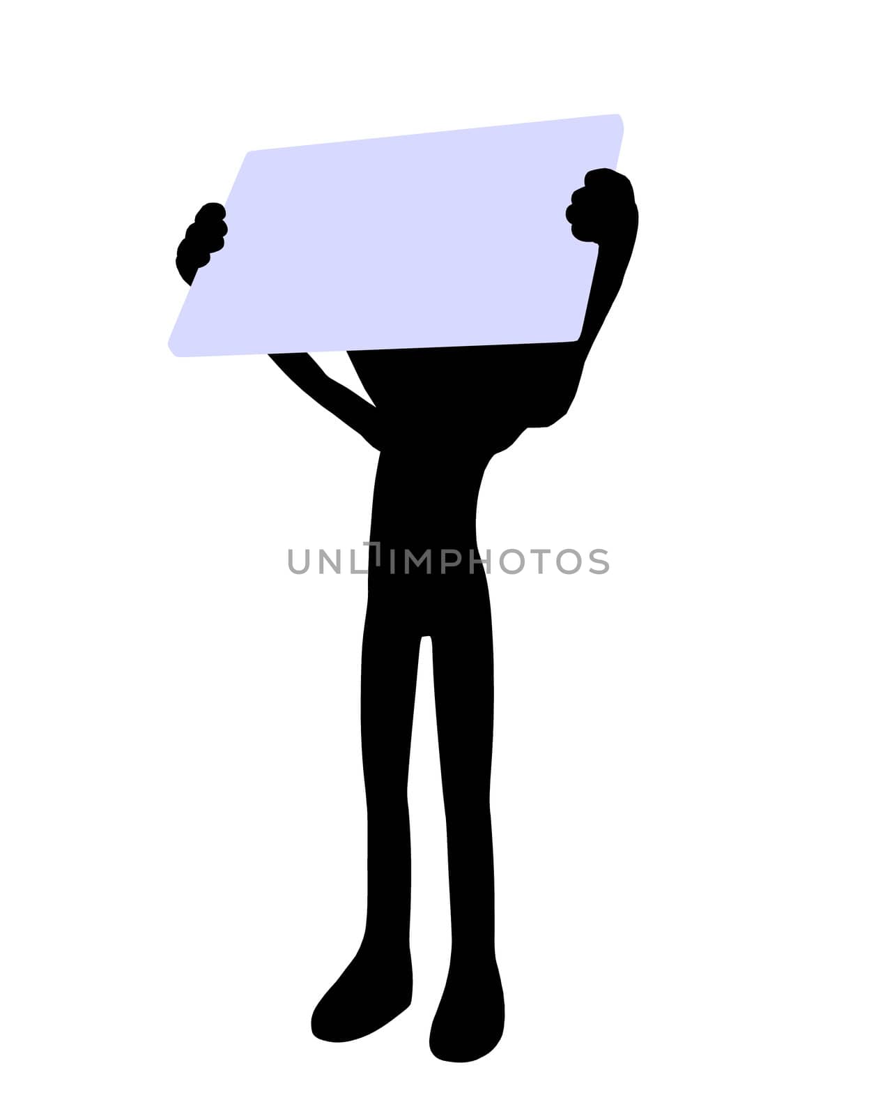 Cute black silhouette guy holding a blank business card on a white background
