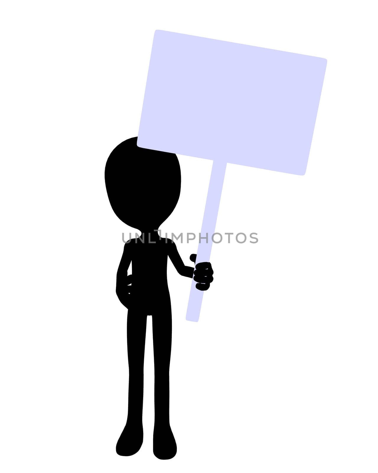 Cute black silhouette guy holding a blank sign on a white background
