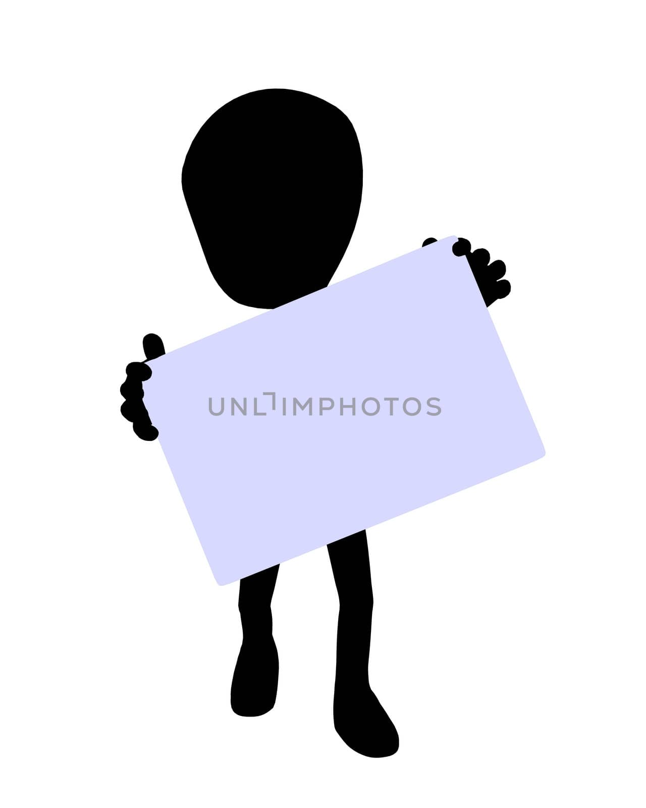 Cute black silhouette guy holding a blank business card on a white background
