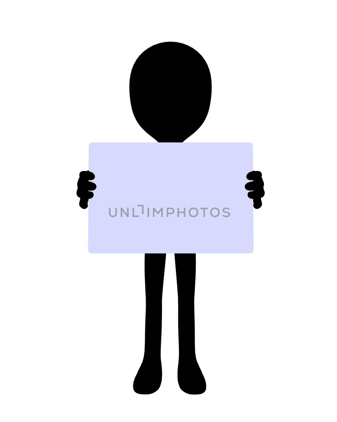 Cute black silhouette guy holding a blank business card on a white background
