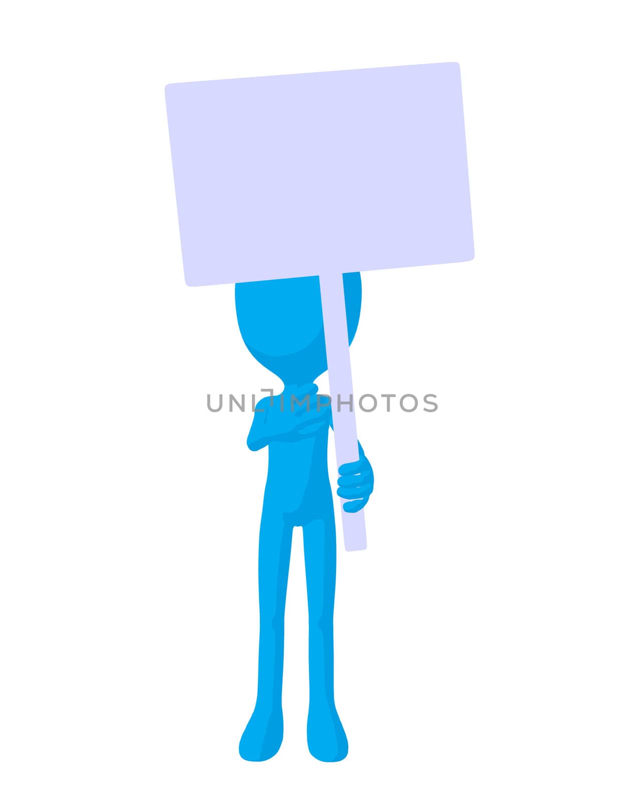 Cute blue silhouette guy holding a blank sign on a white background
