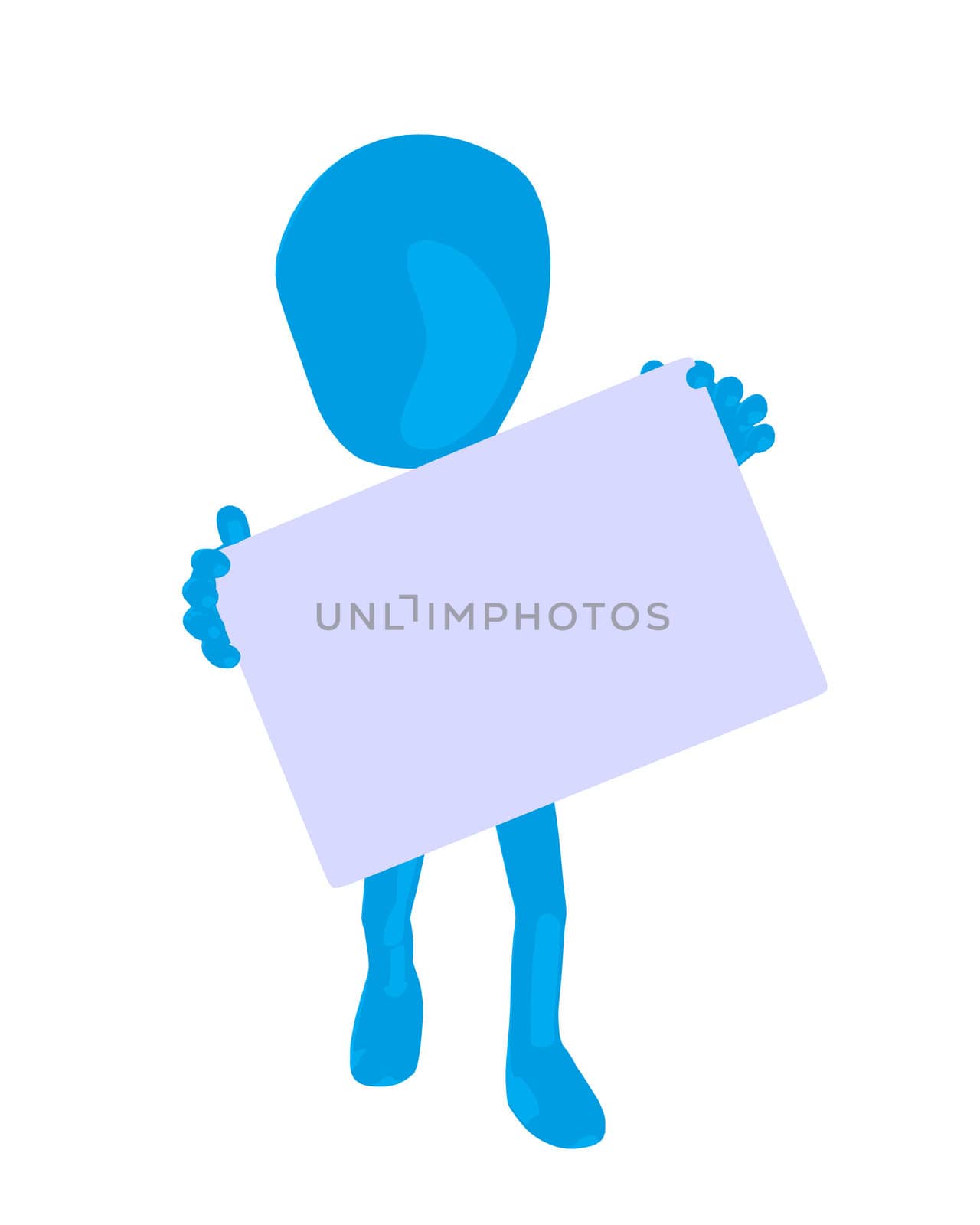 Cute blue silhouette guy holding a blank business card on a white background
