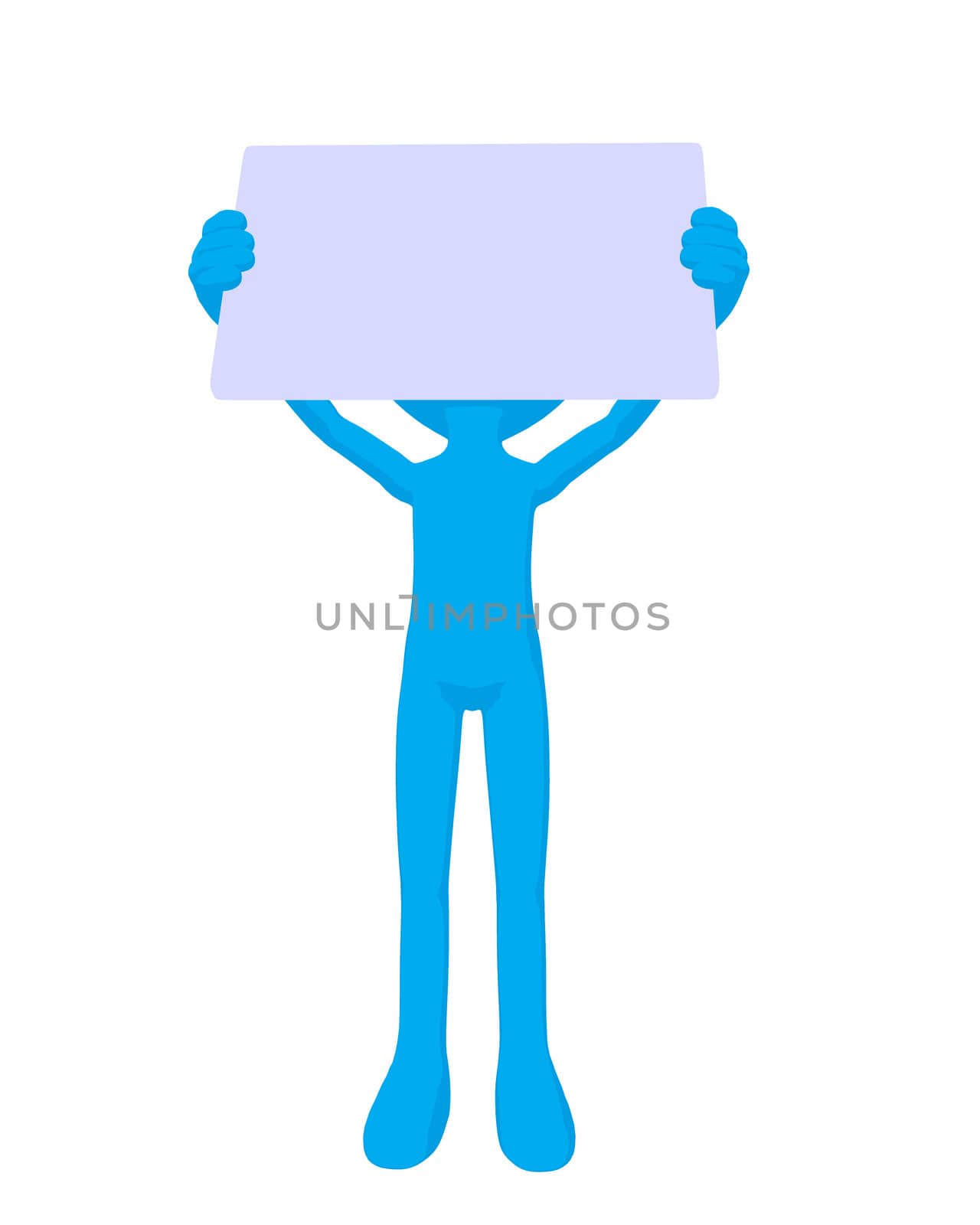 Cute blue silhouette guy holding a blank business card on a white background
