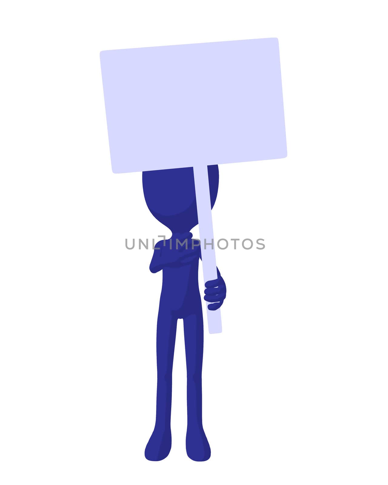 Cute blue silhouette guy holding a blank sign on a white background
