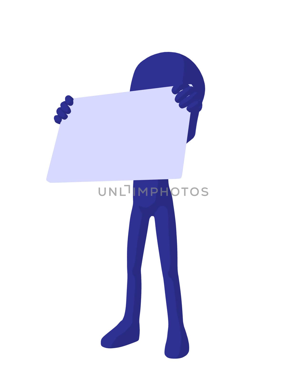 Cute blue silhouette guy holding a blank business card on a white background
