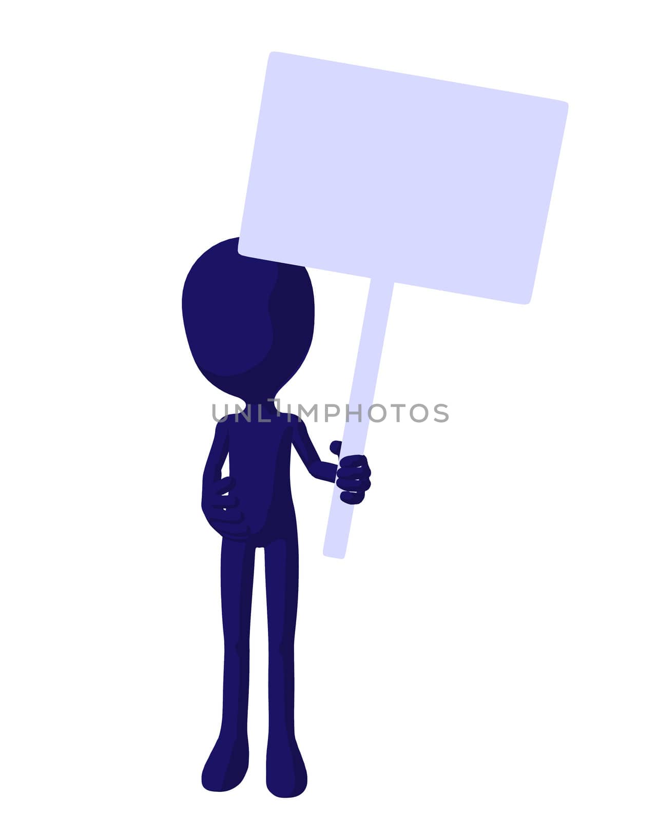 Cute blue silhouette guy holding a blank sign on a white background
