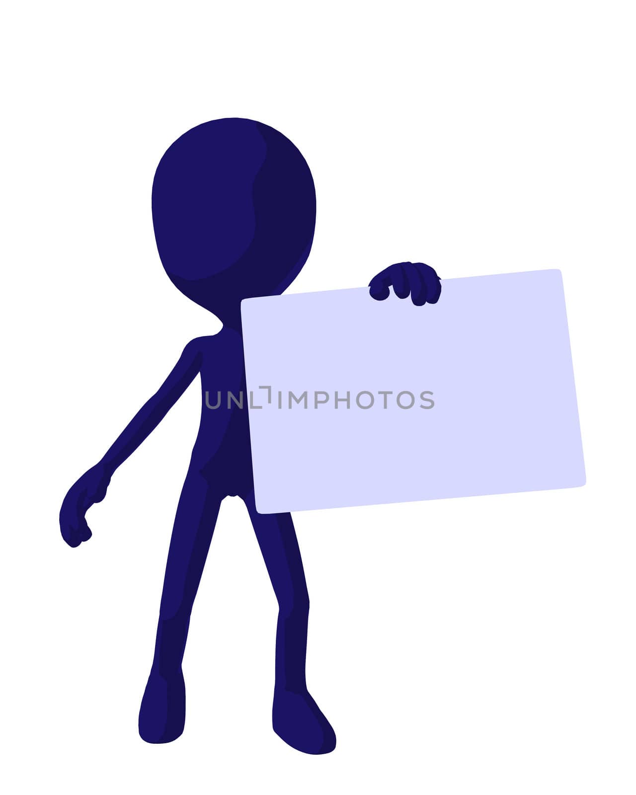 Cute blue silhouette guy holding a blank business card on a white background
