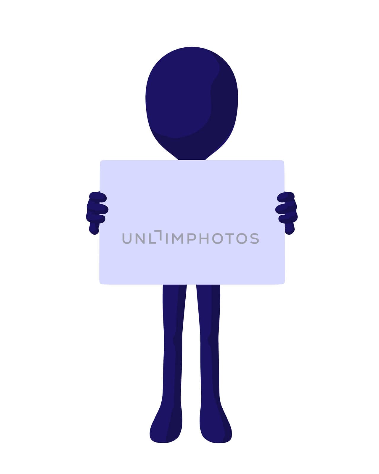 Cute blue silhouette guy holding a blank business card on a white background
