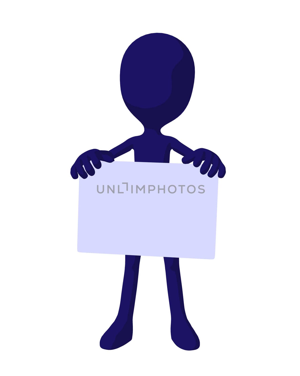 Cute blue silhouette guy holding a blank business card on a white background
