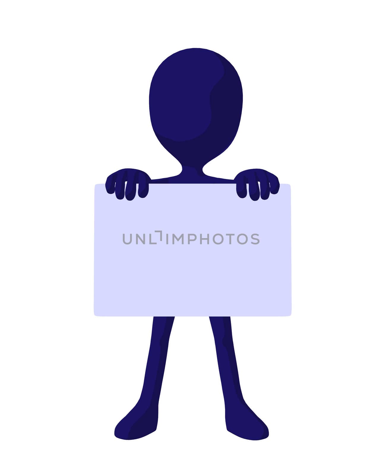 Cute blue silhouette guy holding a blank business card on a white background
