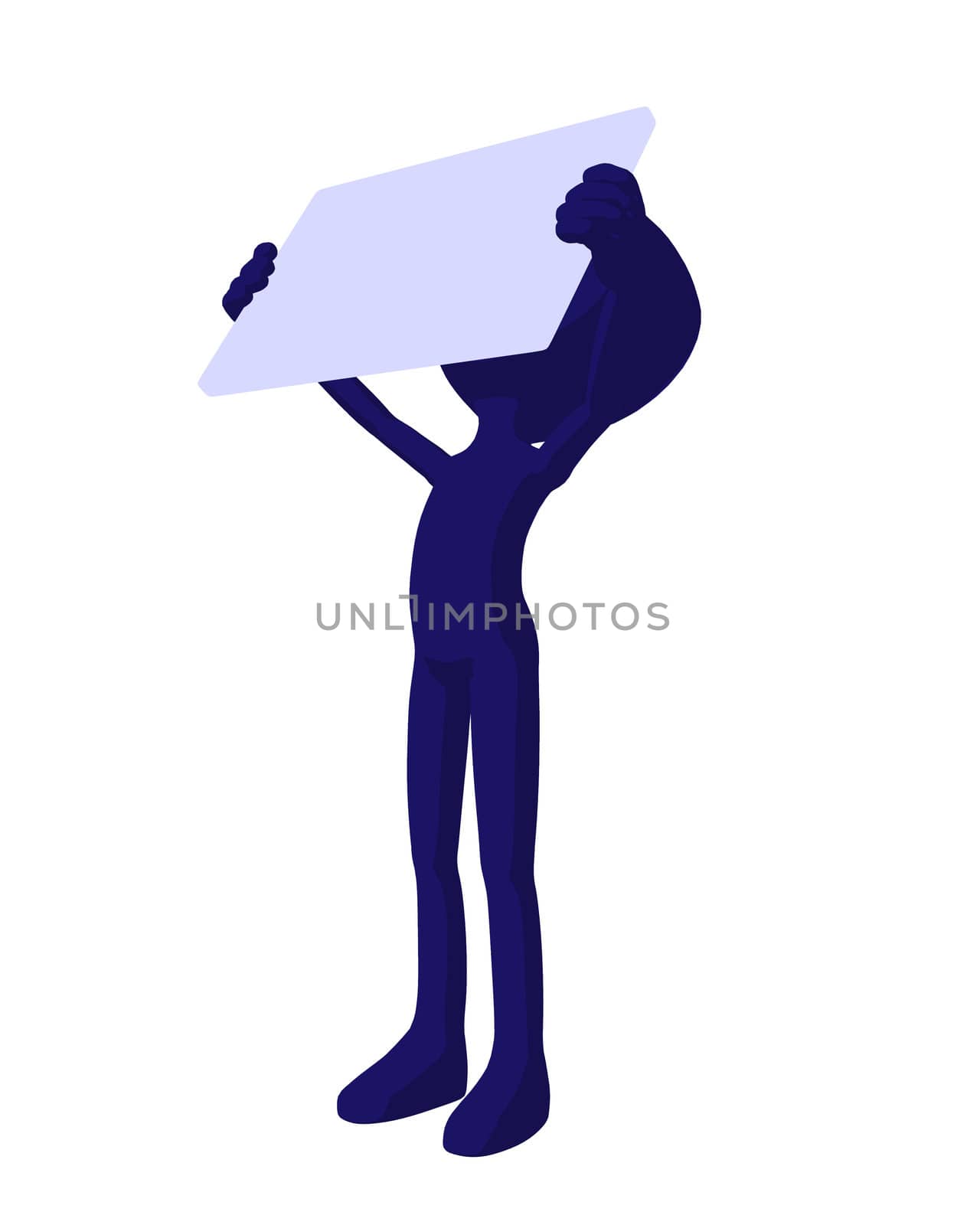 Cute blue silhouette guy holding a blank business card on a white background
