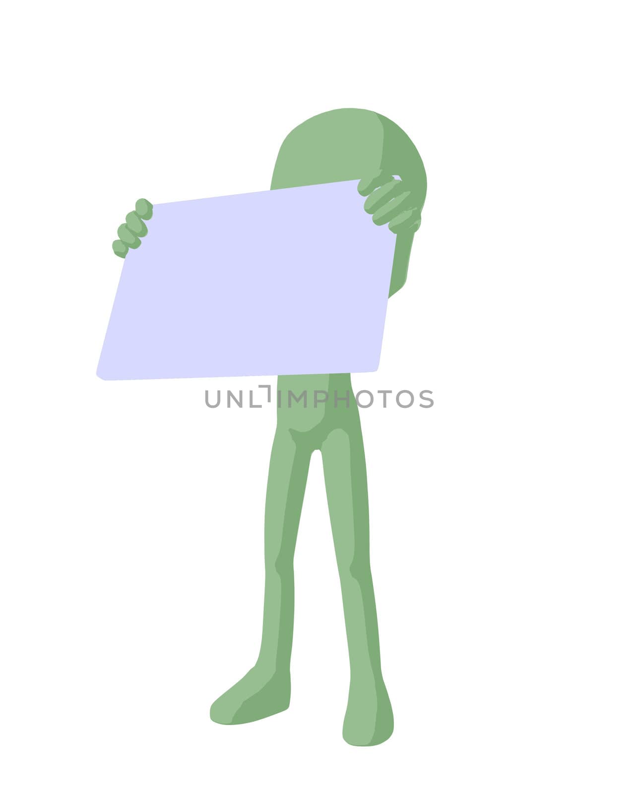 Cute green silhouette guy holding a blank business card on a white background
