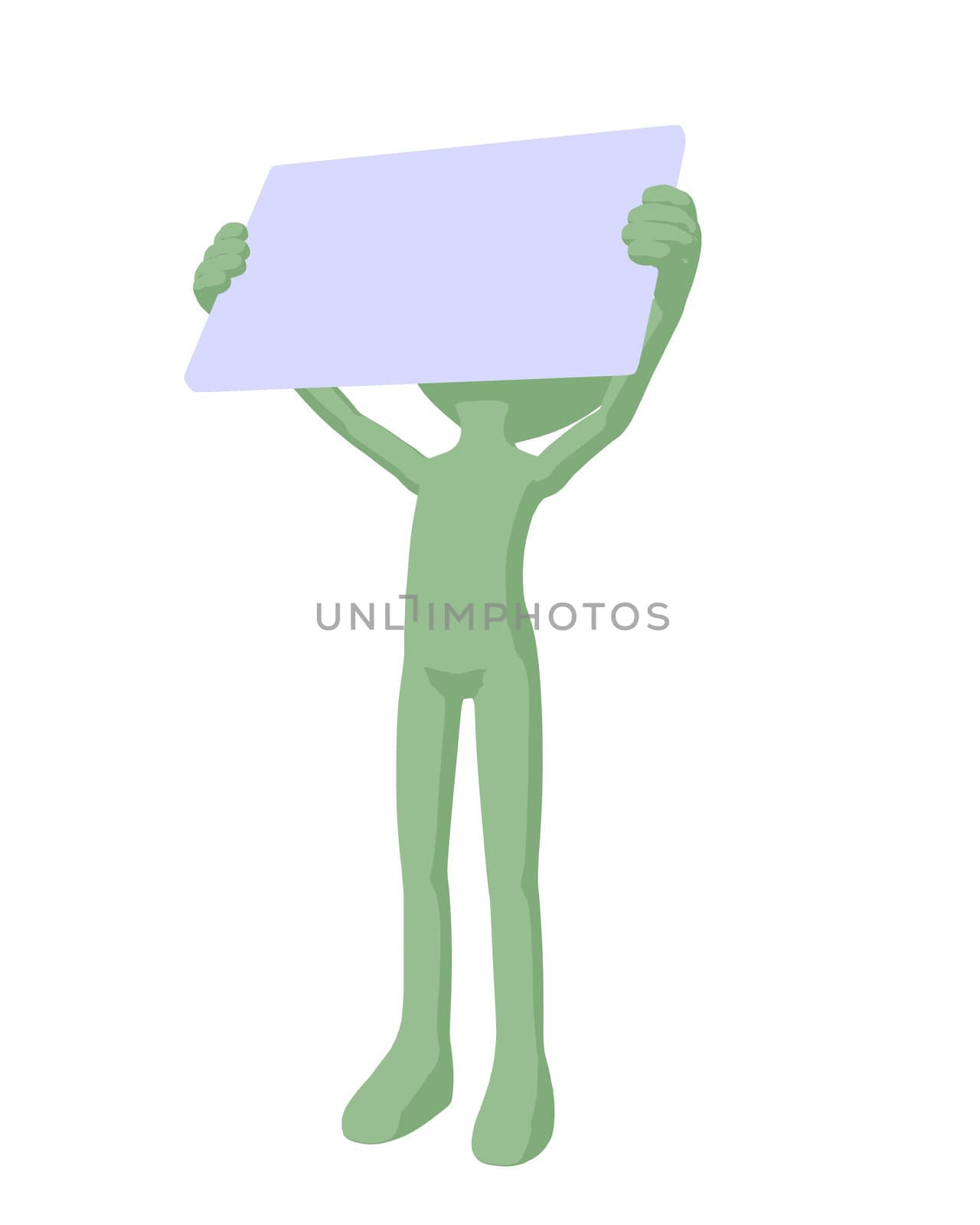 Cute green silhouette guy holding a blank business card on a white background

