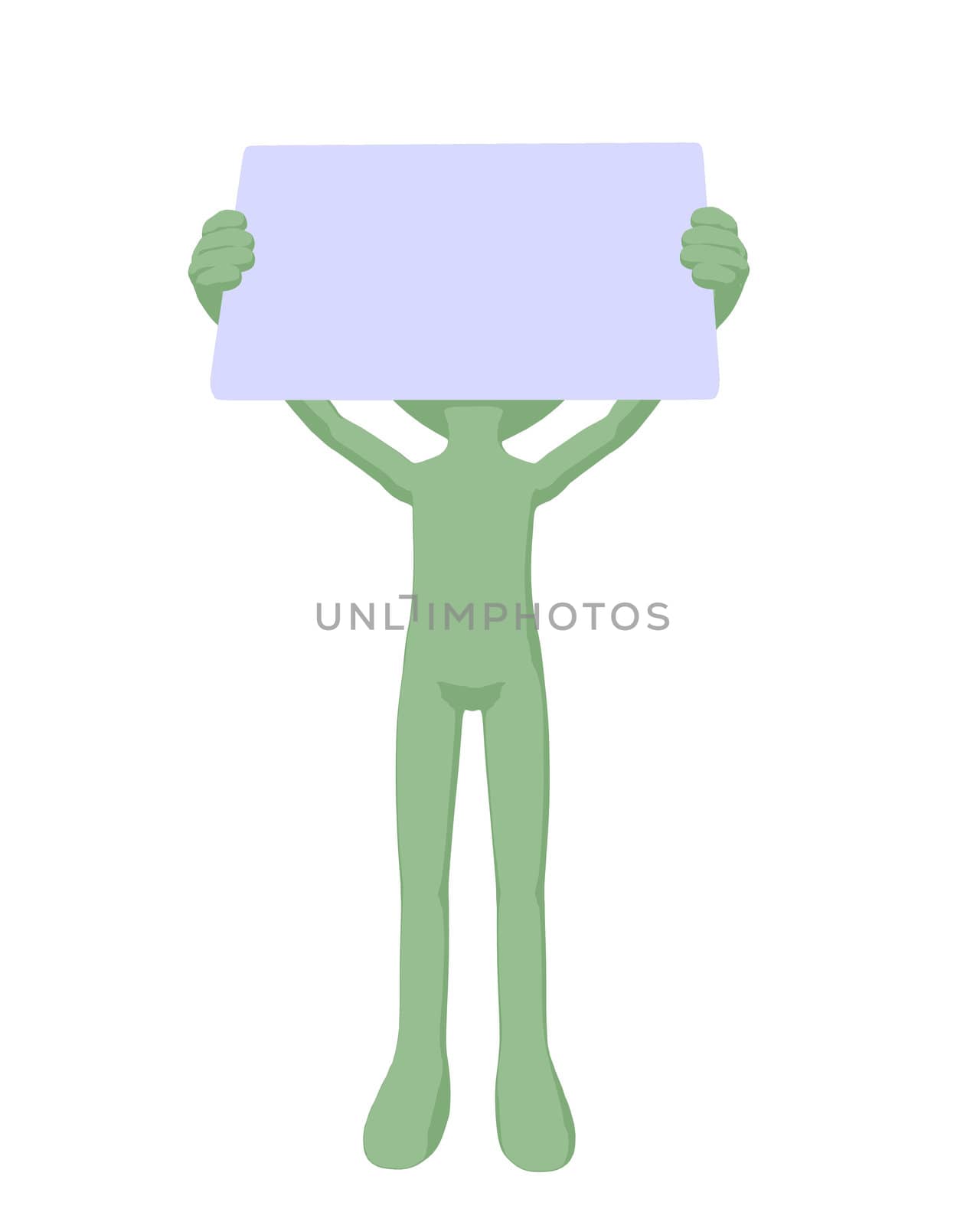 Cute green silhouette guy holding a blank business card on a white background
