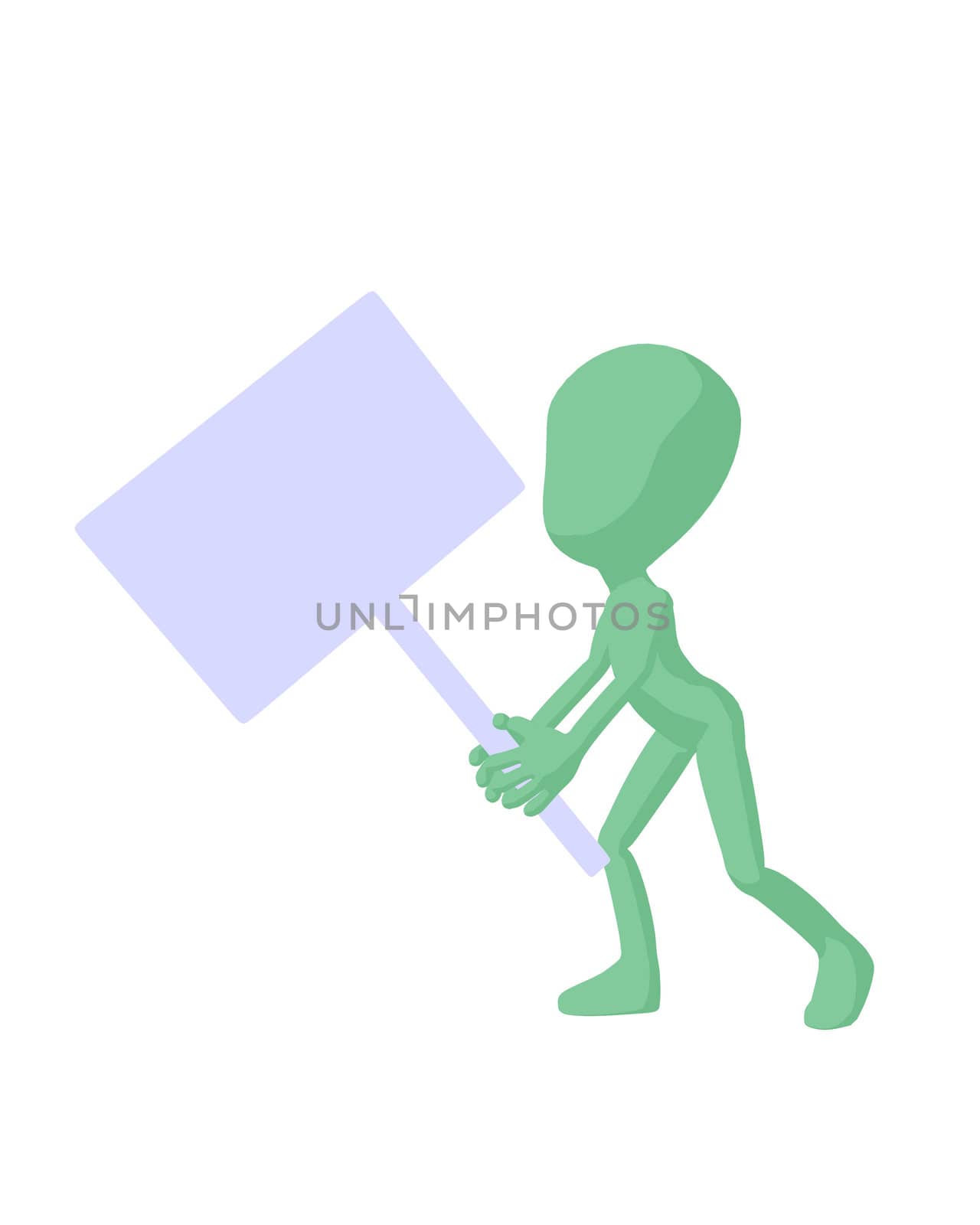 Cute green silhouette guy holding a blank sign on a white background
