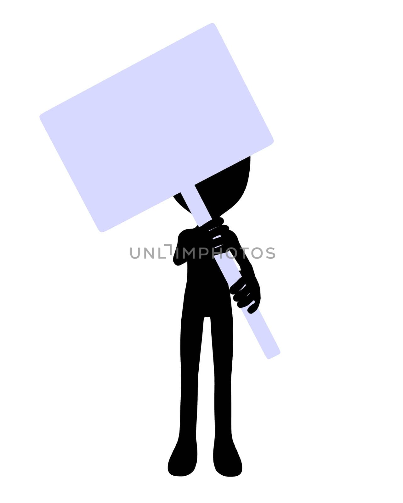 Cute black silhouette construction guy holding a blank sign on a white background
