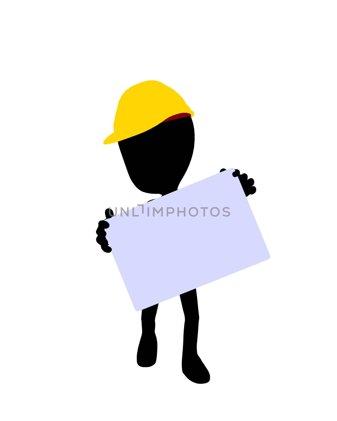 Cute black silhouette construction guy holding a blank business card on a white background

