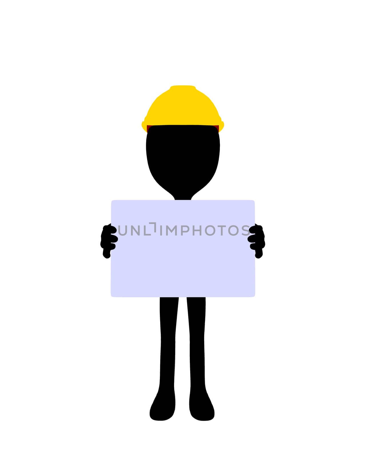 Cute black silhouette construction guy holding a blank business card on a white background
