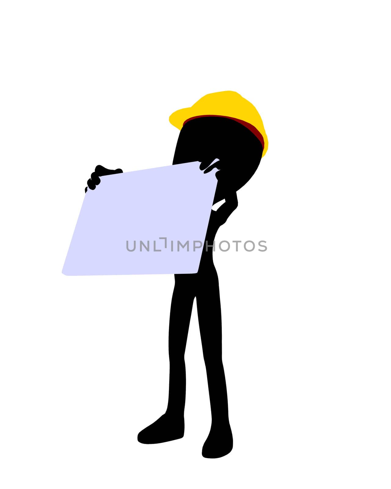 Cute black silhouette construction guy holding a blank business card on a white background
