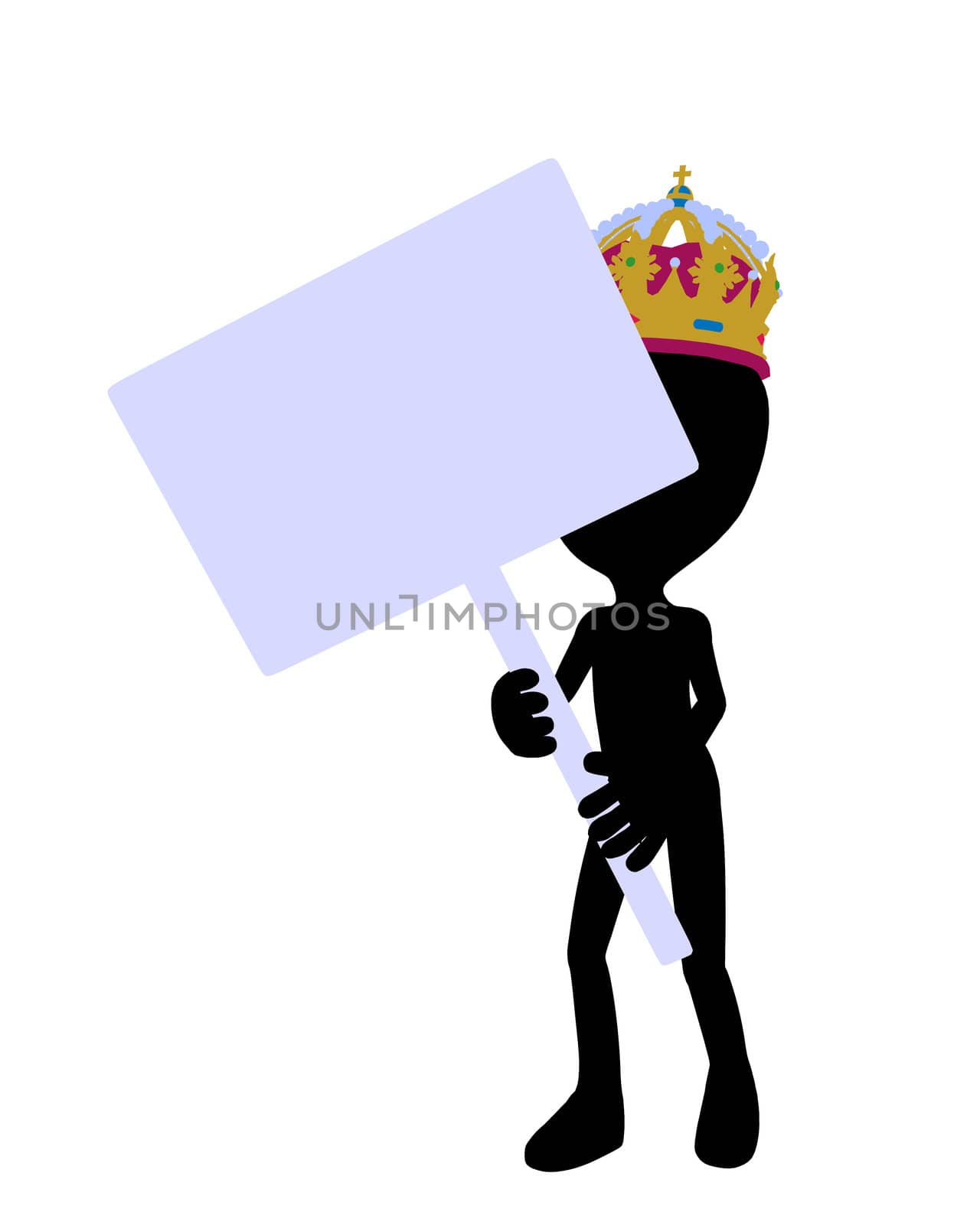 Cute black silhouette king guy holding a blank sign on a white background

