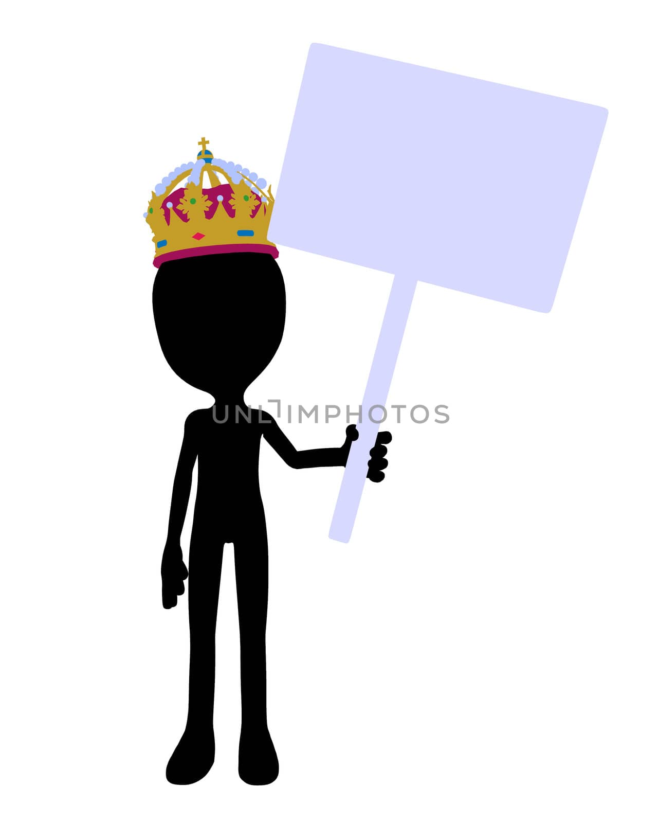 Cute black silhouette king guy holding a blank sign on a white background
