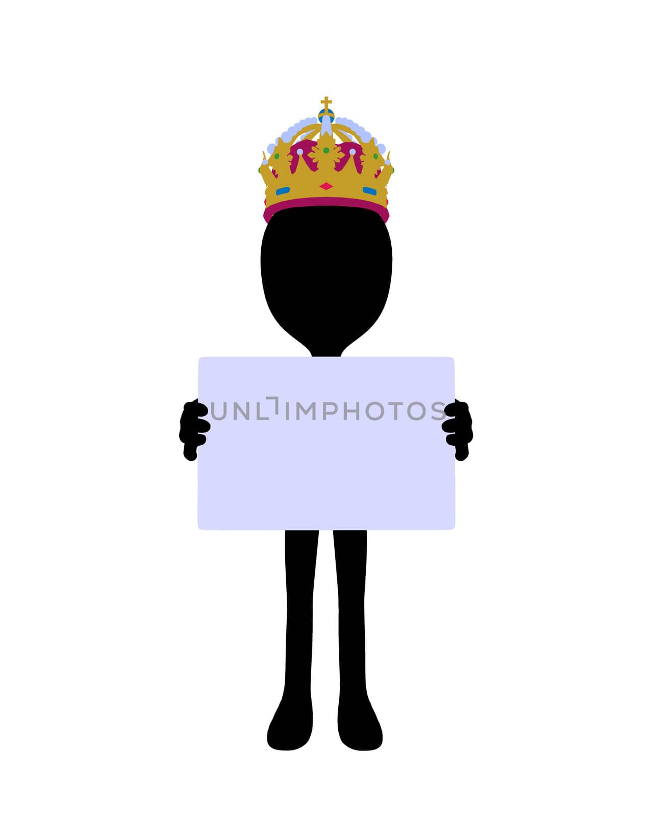 Cute black silhouette king guy holding a blank business card on a white background
