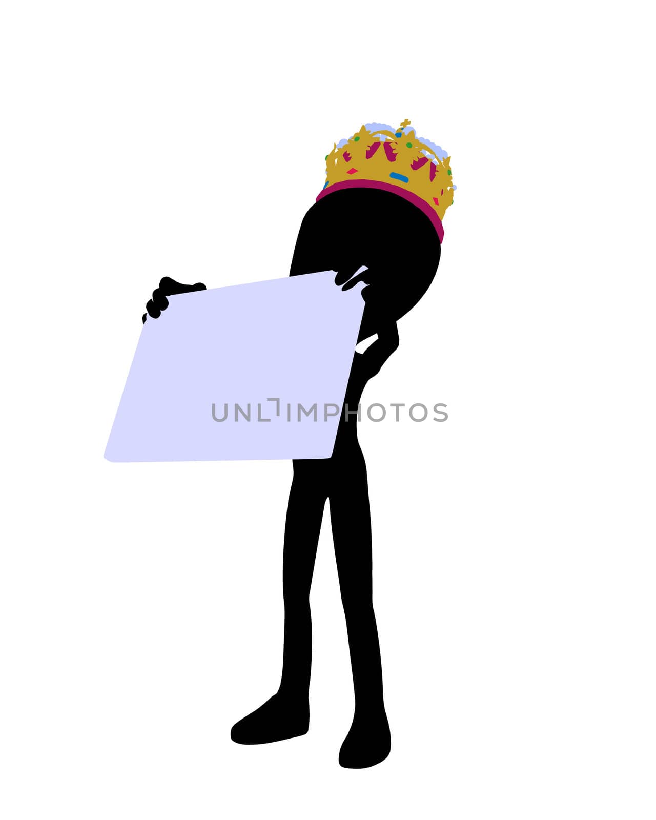Cute black silhouette king guy holding a blank business card on a white background
