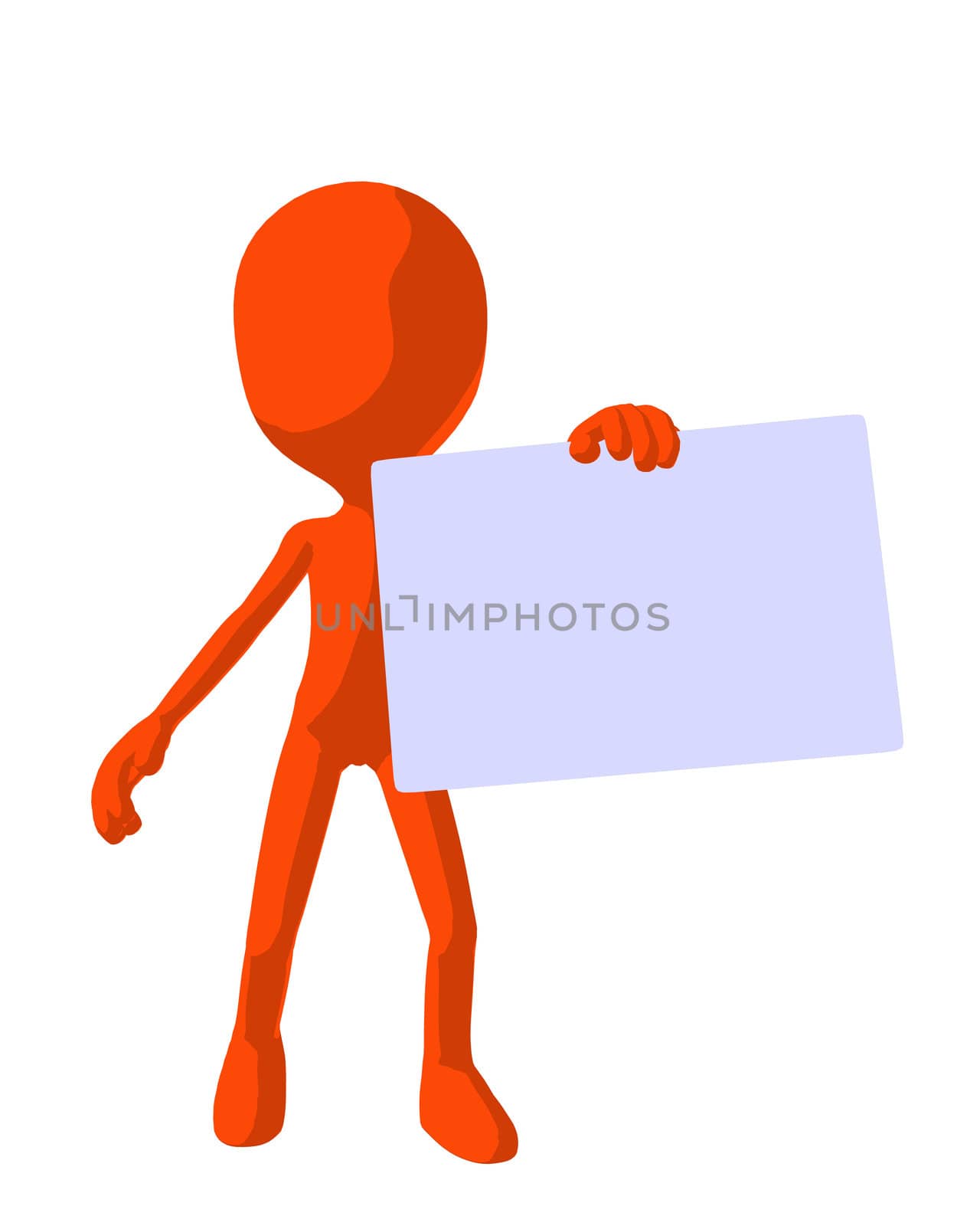 Cute orange silhouette guy holding a blank business card on a white background
