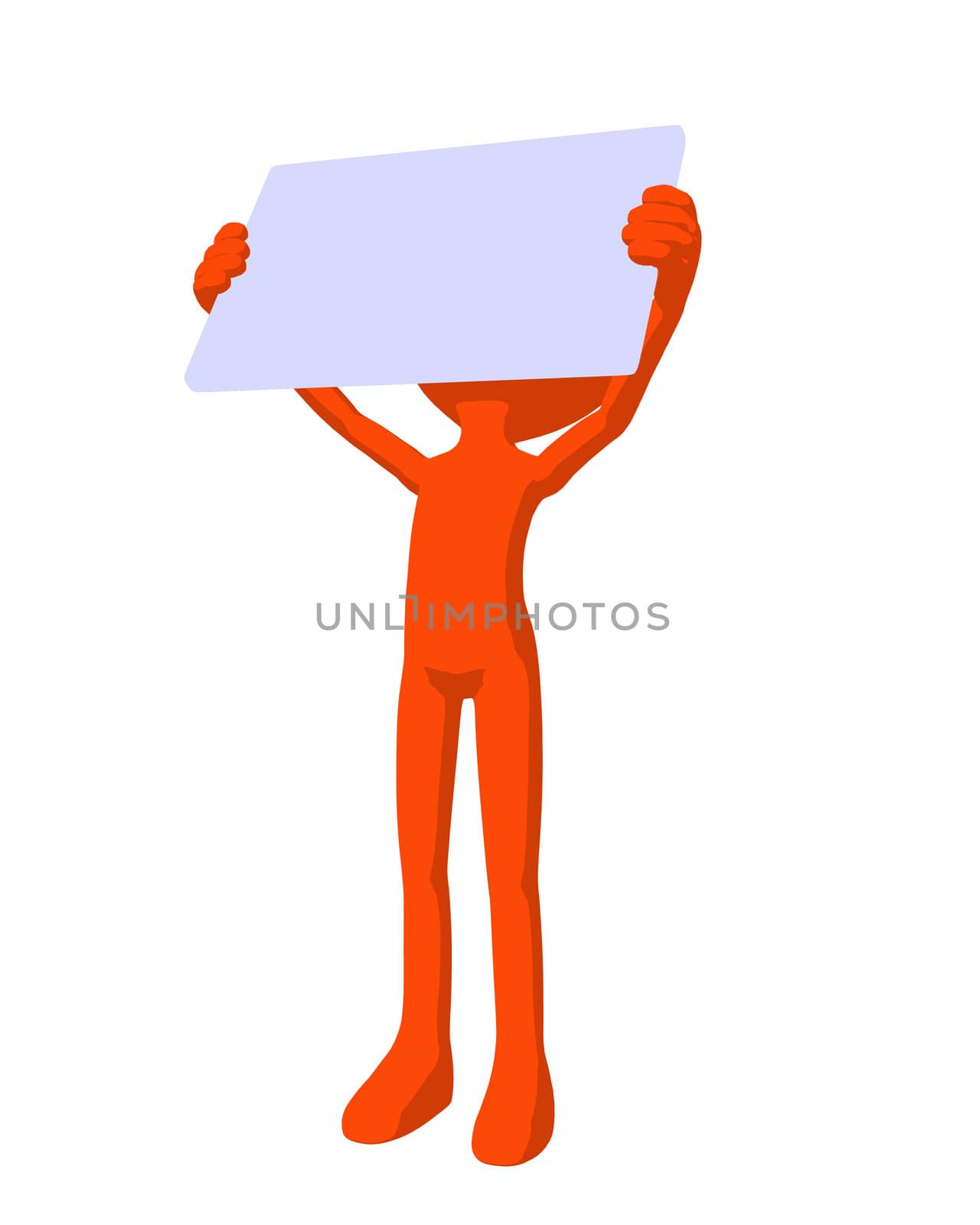 Cute orange silhouette guy holding a blank business card on a white background
