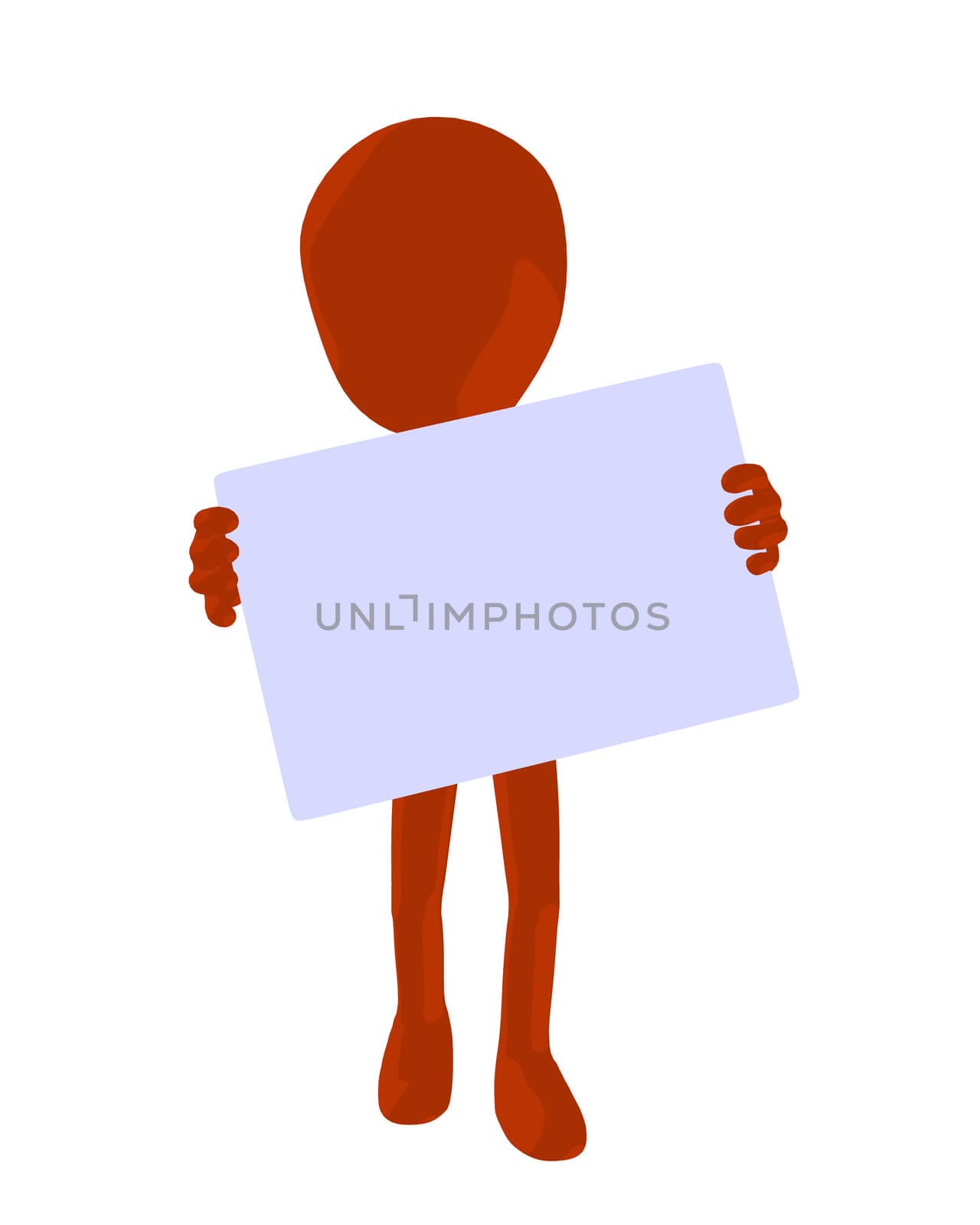 Cute orange silhouette guy holding a blank business card on a white background
