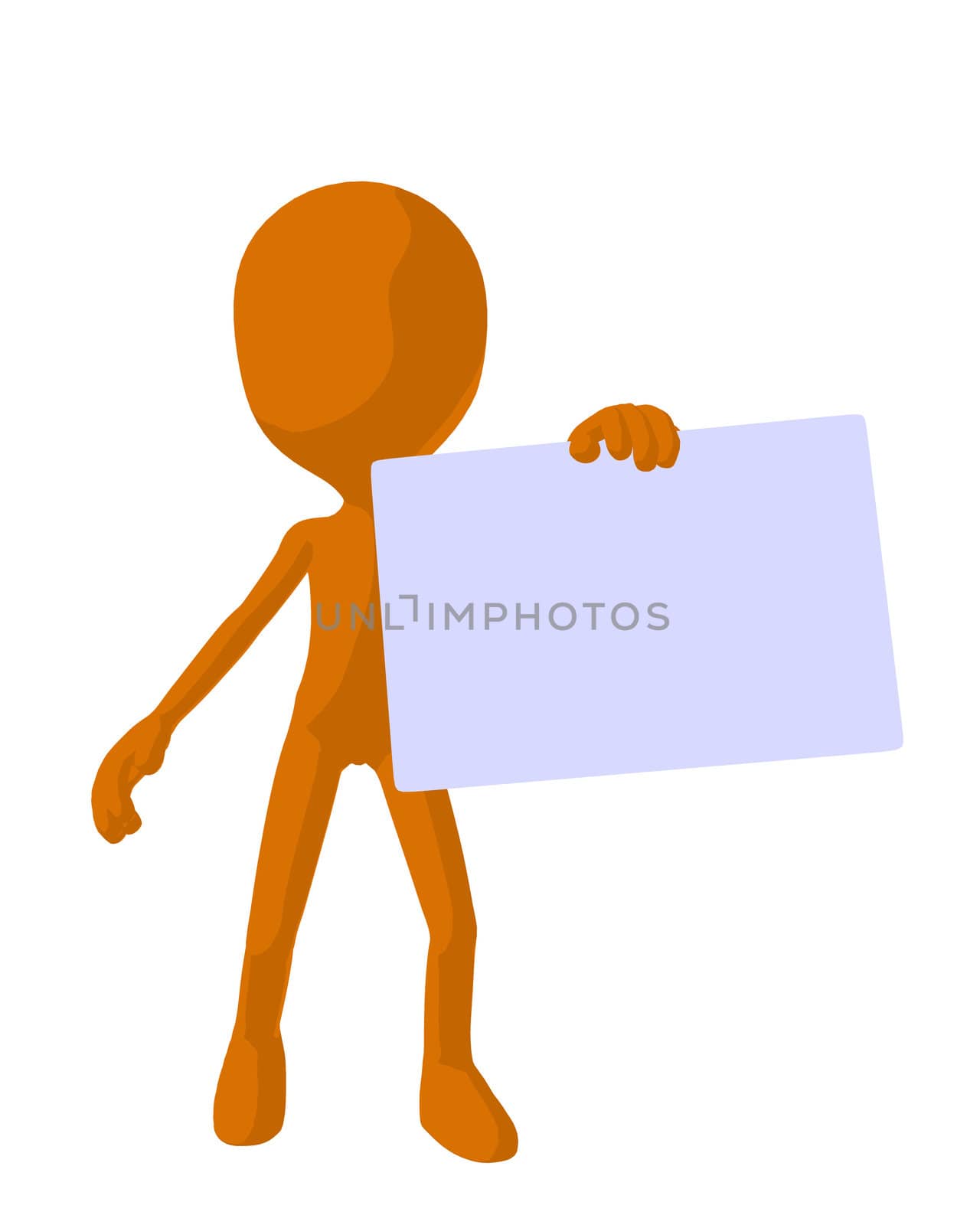 Cute orange silhouette guy holding a blank business card on a white background
