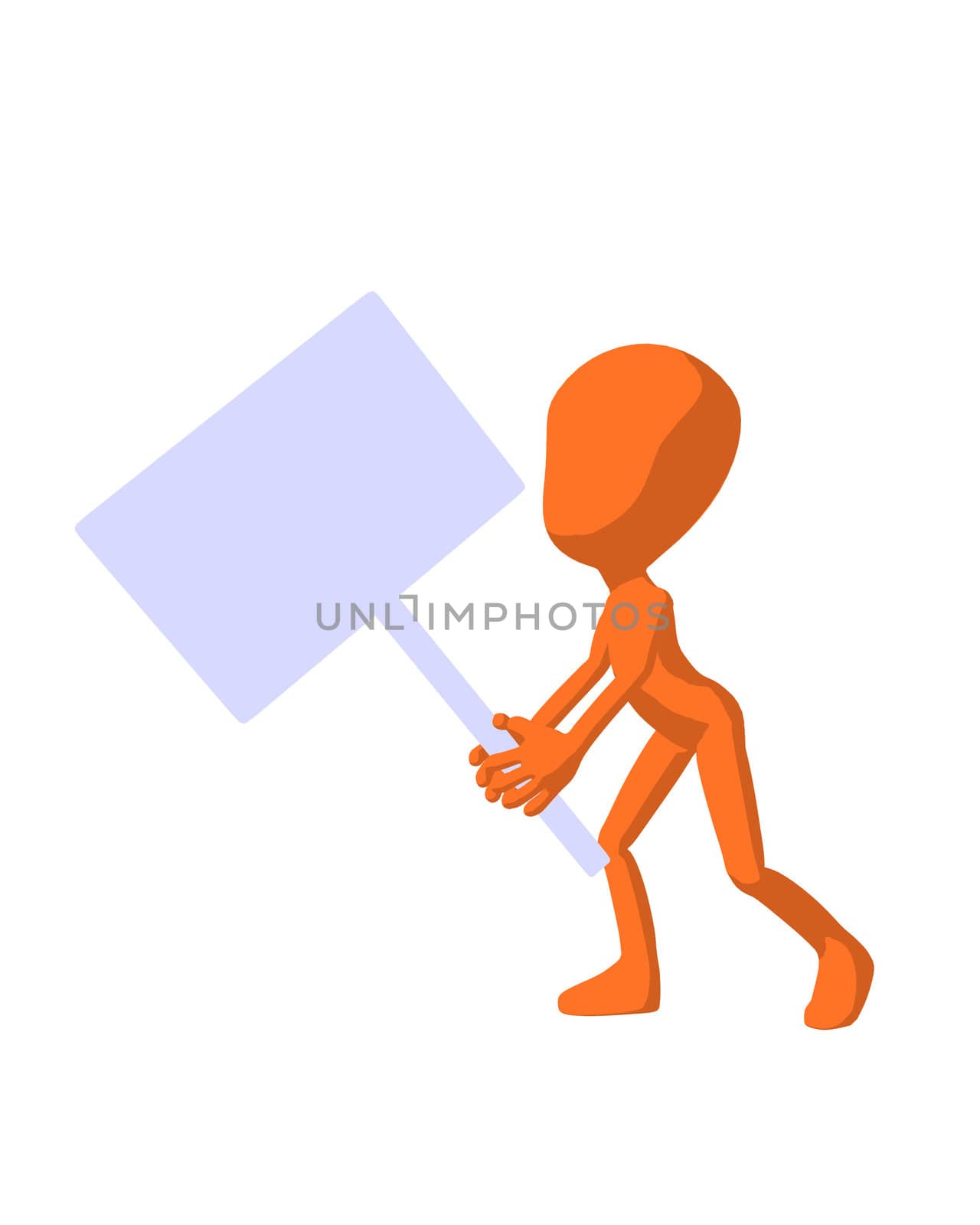 Cute orange silhouette guy holding a blank sign on a white background

