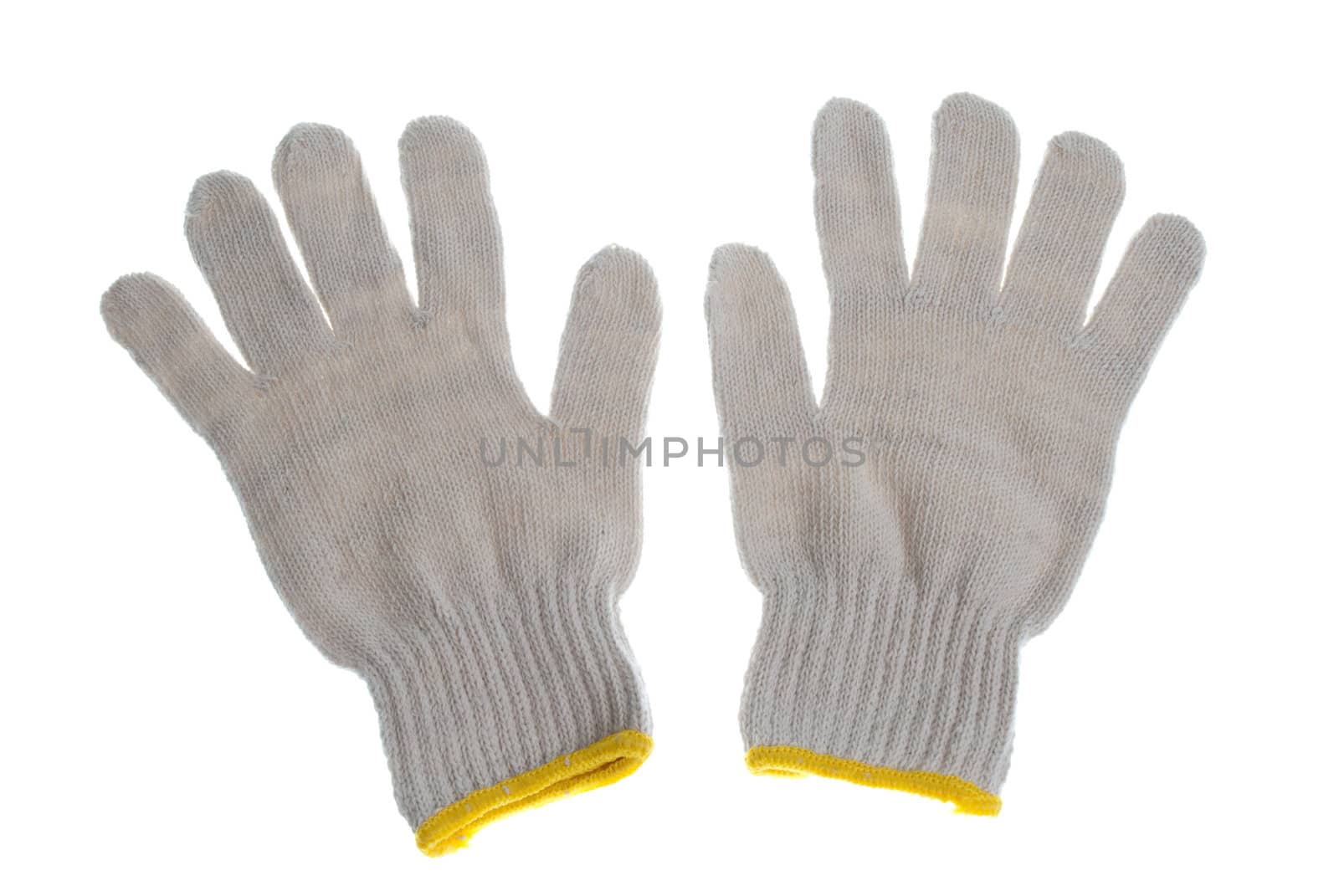 Yellow and black fabric gloves isolated on white background.