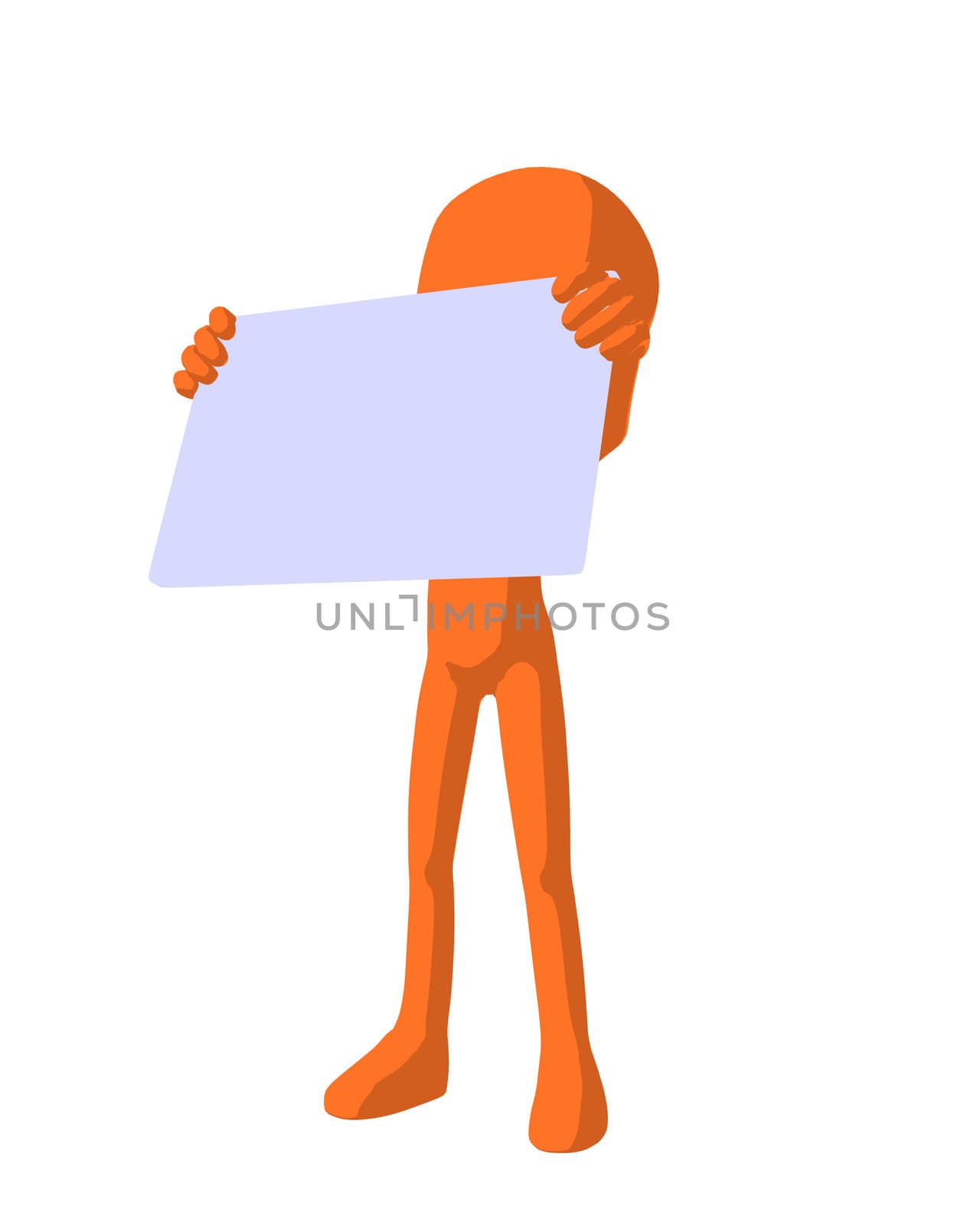 Cute orange silhouette guy holding a blank business card on a white background
