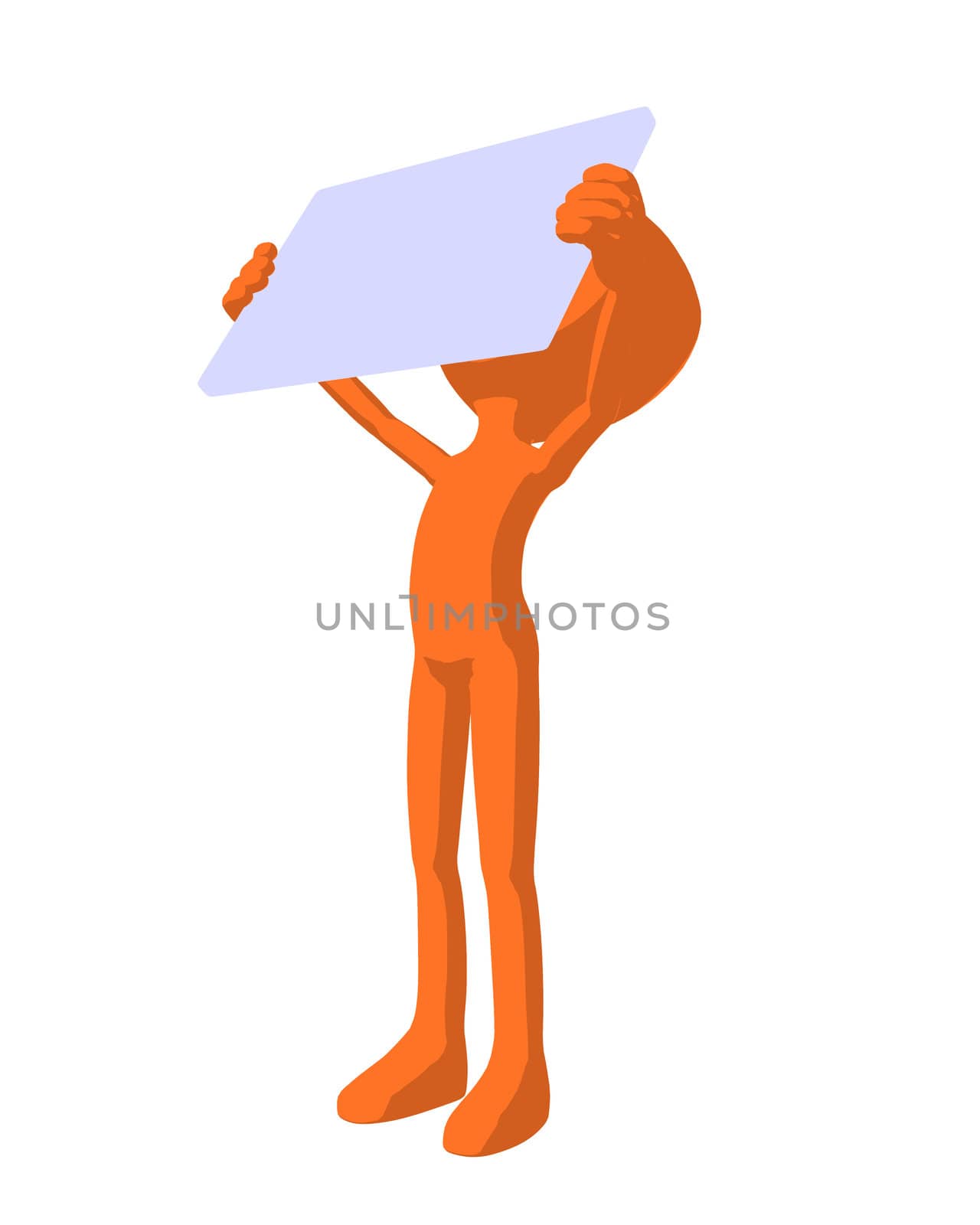 Cute orange silhouette guy holding a blank business card on a white background
