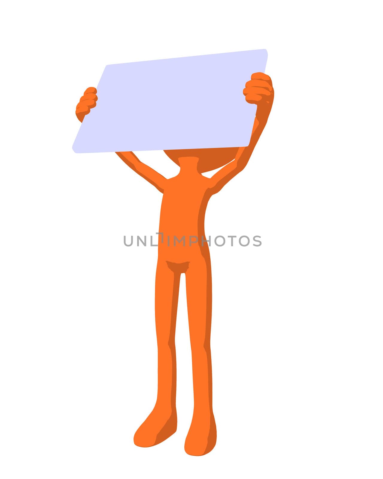 Cute orange silhouette guy holding a blank business card on a white background
