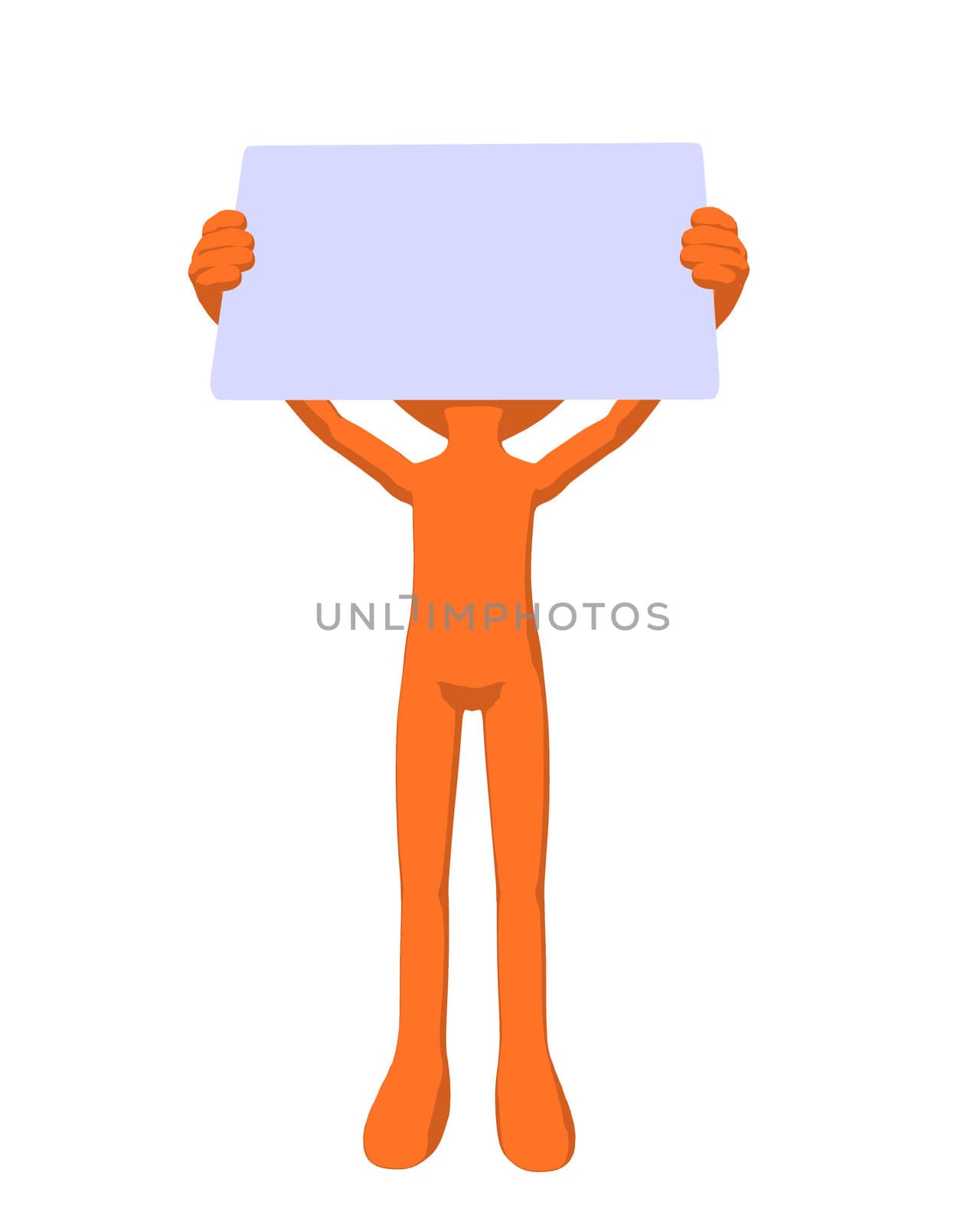 Cute orange silhouette guy holding a blank business card on a white background
