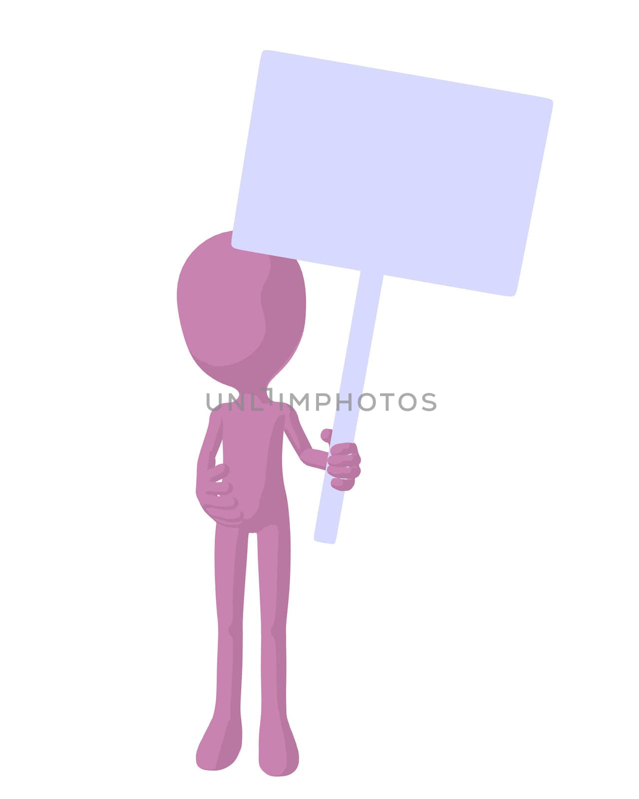 Cute pink silhouette guy holding a blank sign on a white background

