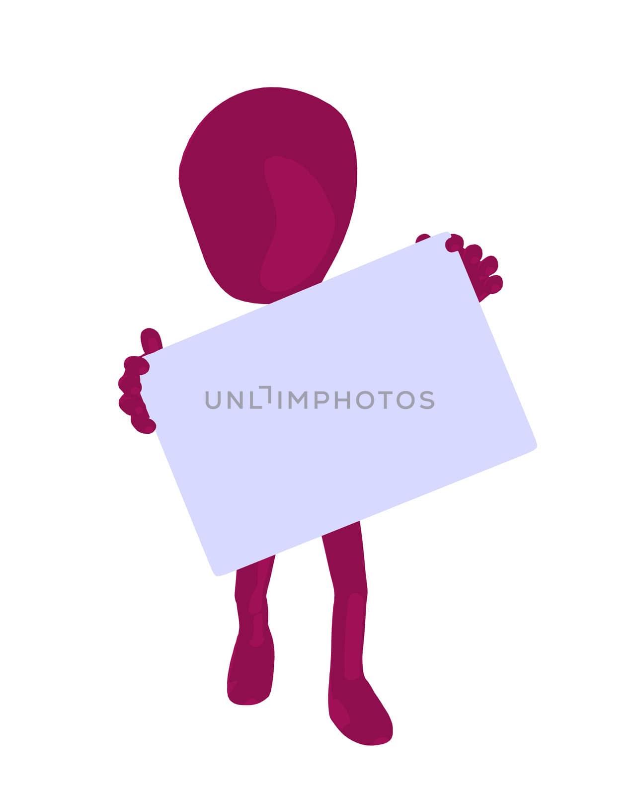 Cute pink silhouette guy holding a blank business card on a white background
