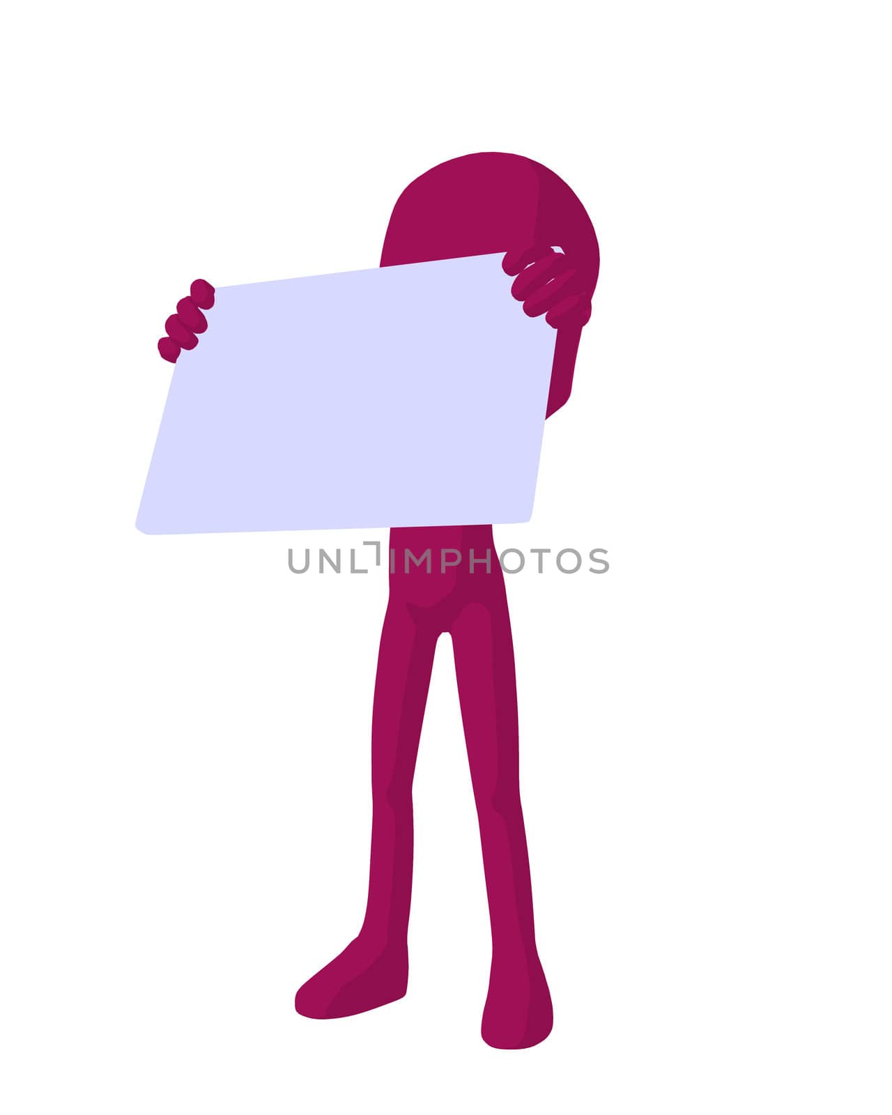 Cute pink silhouette guy holding a blank business card on a white background
