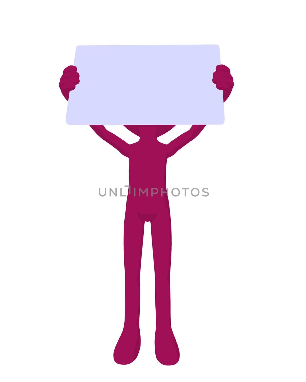 Cute pink silhouette guy holding a blank business card on a white background
