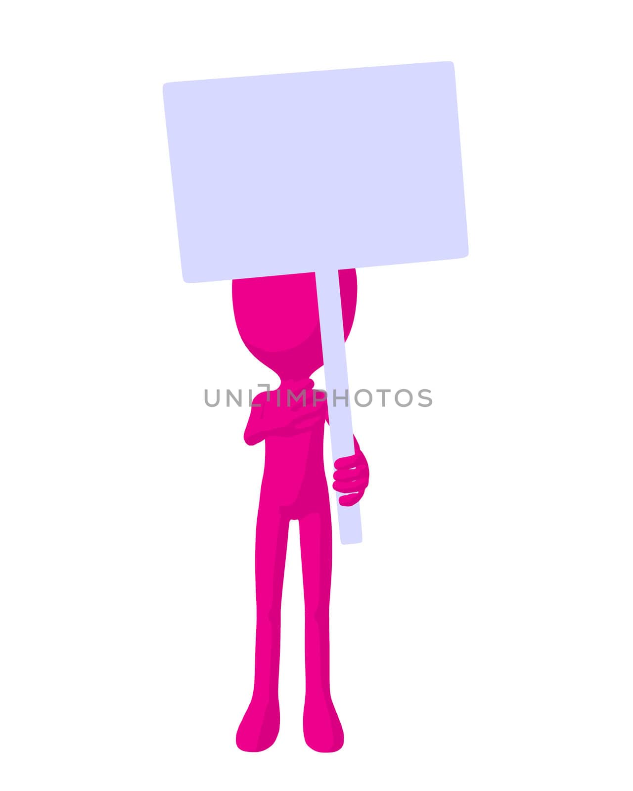 Cute pink silhouette guy holding a blank sign on a white background
