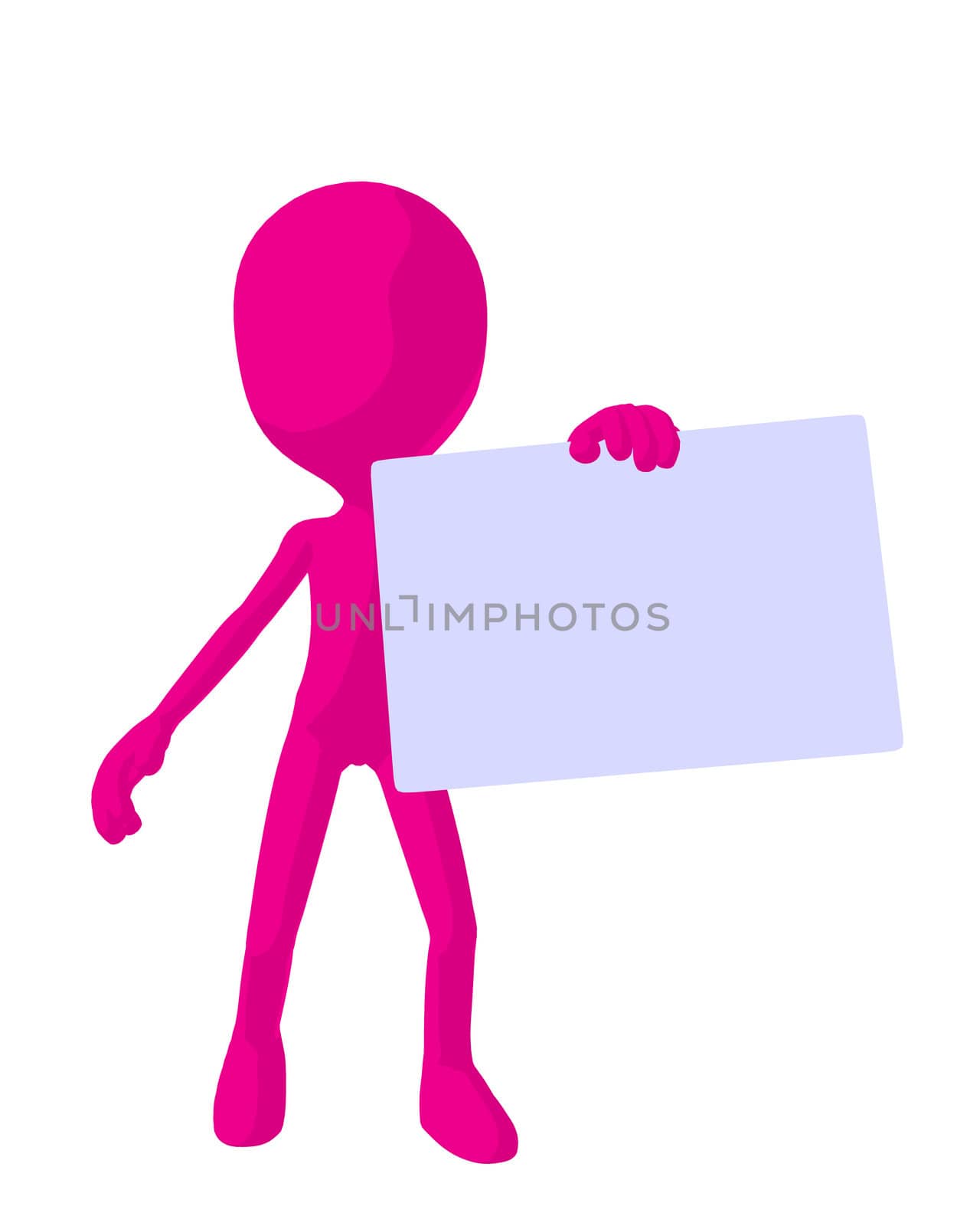 Cute pink silhouette guy holding a blank business card on a white background

