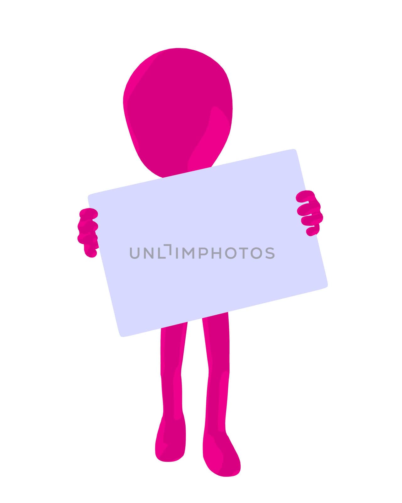 Cute pink silhouette guy holding a blank business card on a white background
