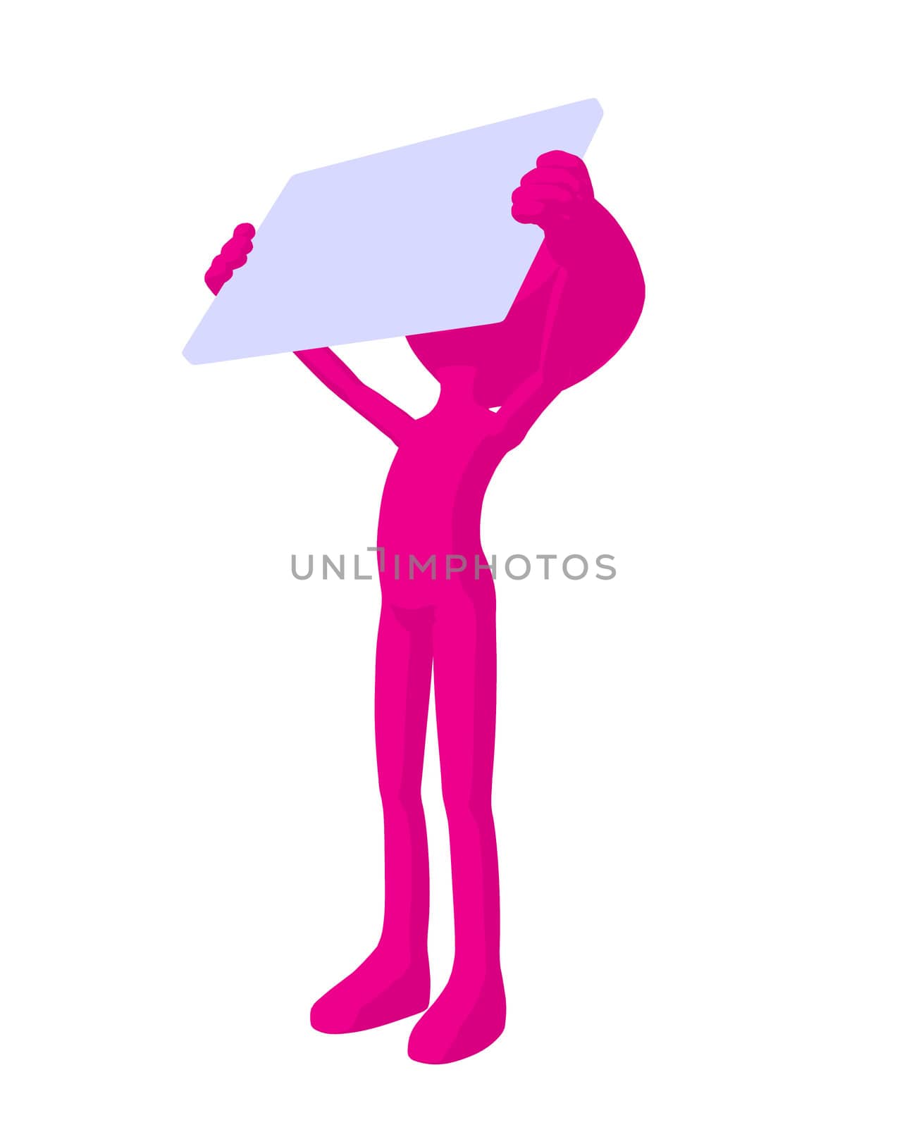 Cute pink silhouette guy holding a blank business card on a white background
