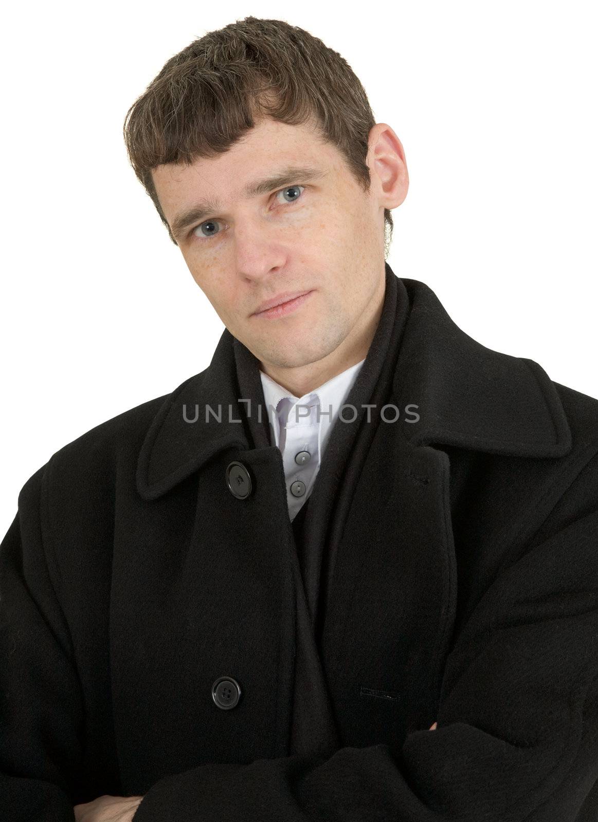 Man portrait in black coat on the white background